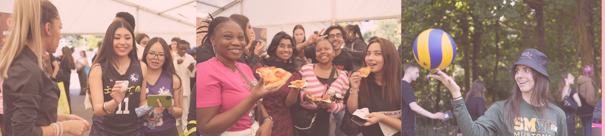 Three different images of students, playing ping pong, a group image with a slice of pizza and of a student playing with a volleyball