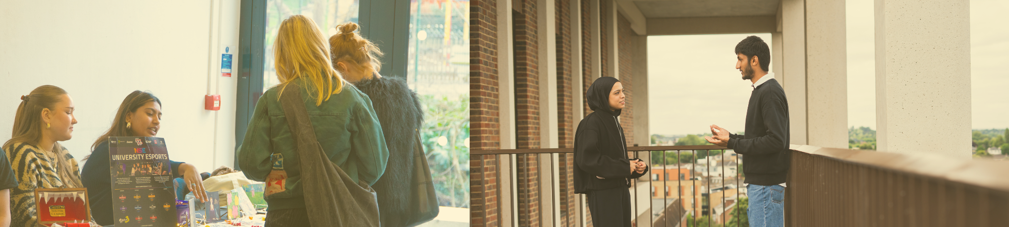 picture of students answering student queries followed by a picture of two students talking