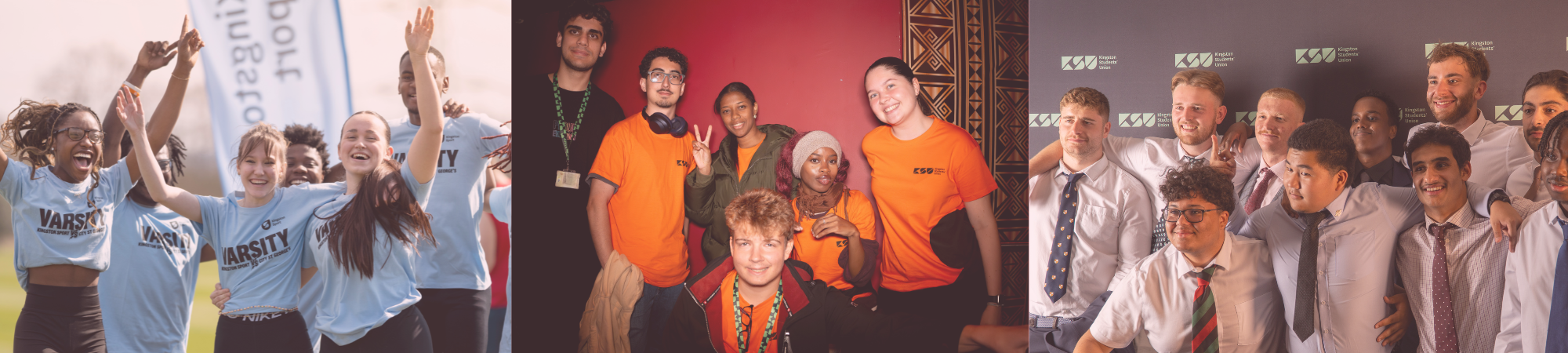 Three separate photos of students in different groups, each posing together at various events.